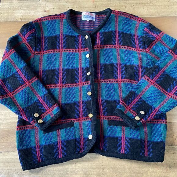 Vintage 1990s Tally-Ho Plaid Cardigan- size Large - Picture 1 of 6